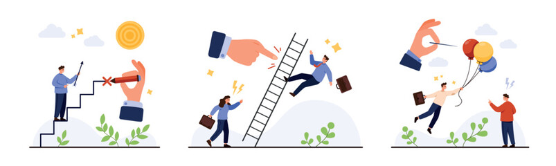 Business people facing obstacles risk failure sabotage unfair competition and career problems with broken ladders stairs and balloons isolated on white background vector illustration