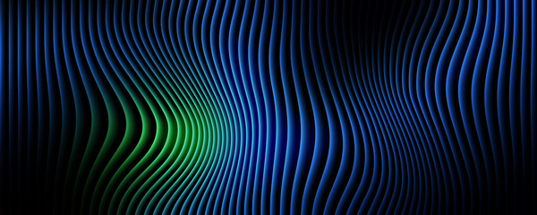 Fototapeta premium Abstract background, with vertical wavy, lines in glowing, blue and green, gradients on black backdrop