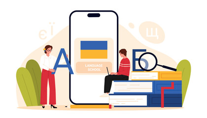People learning Ukrainian language online with smartphone, books, alphabet letters, modern education course for students, tutors, flat style design, vector illustration © Flash Vector