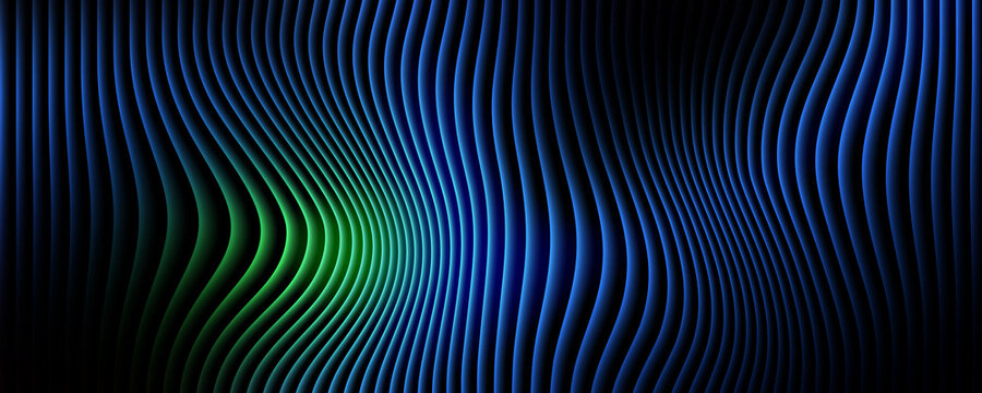 Abstract background, with vertical wavy, lines in glowing, blue and green, gradients on black backdrop