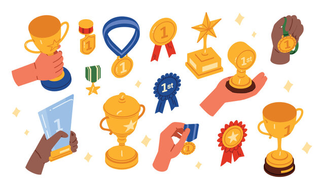 Colorful isometric set of first place trophies, medals, ribbons and prize cups held by diverse hands, perfect for success, achievement and winner concepts, isolated on white background vector