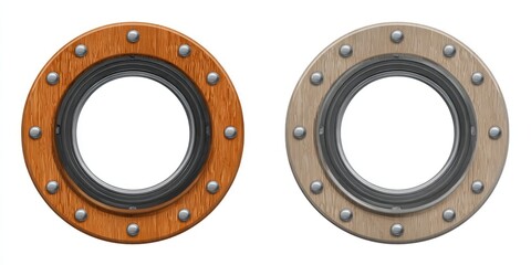 Obraz premium Two round porthole illustrations, one warm wood toned, the other cool, with metal rivets