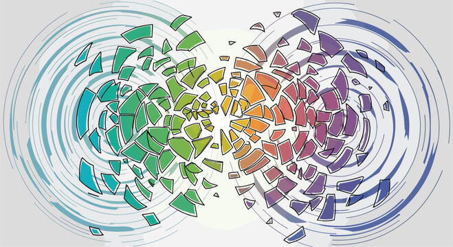 Symmetrical explosion of shattered geometric fragments flying outward in a colorful radial pattern on a gray base.