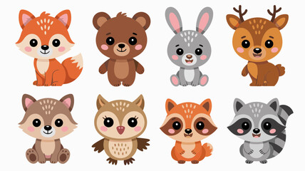 Obraz premium Cute Woodland Animals Vector Set Fox, Bear, Bunny, Deer, Owl, Raccoon and Squirrel