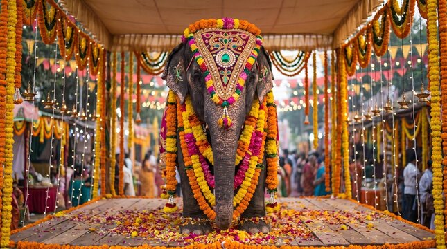 Hindu festival celebration with decorated elephant. Background with flowers, festive lights and gold for banner, poster, greeting card with copy space. Thrissur Pooram or Ganesh Chaturthi festival. 