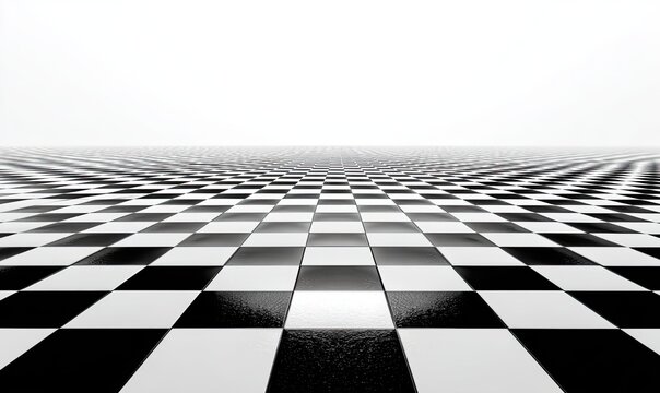 Infinite black and white checkered floor receding into bright horizon