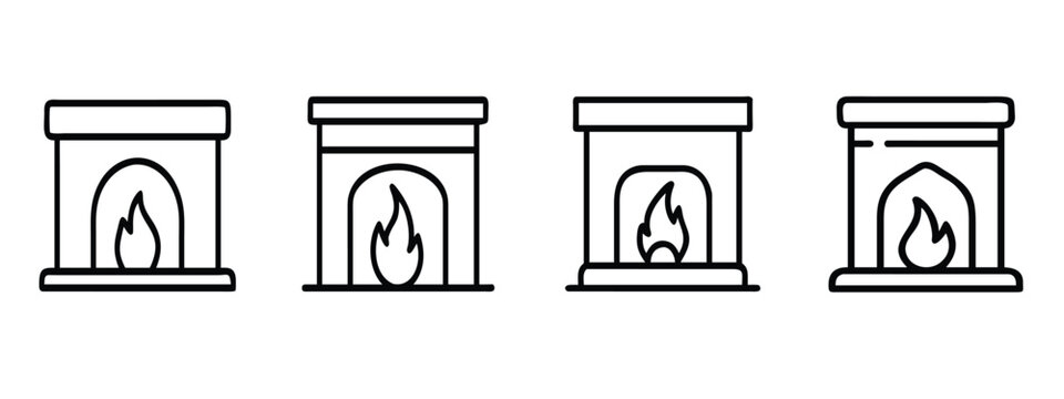 Fireplace line icons set home interior hearth wood burning furnace winter stone fireplace cozy house chimney warm bonfire flame & more vector illustration with editable stroke.