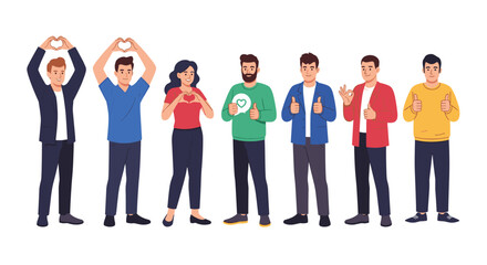 Fototapeta premium Diverse group of young men and women standing together showing positive hand gestures like hearts and thumbs up signs on a white background.