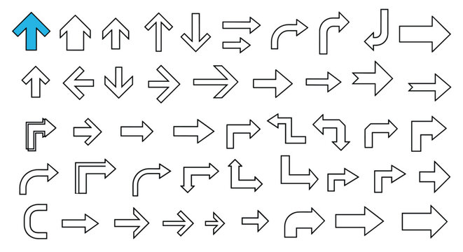 White outline arrow icons showing various directions and turns with one highlighted blue arrow for emphasis on a white background.
