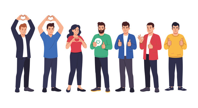 Diverse group of young men and women standing together showing positive hand gestures like hearts and thumbs up signs on a white background.