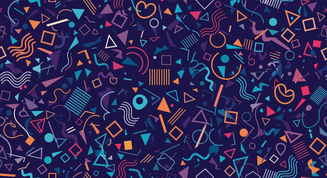 Vibrant seamless pattern of abstract geometric shapes and symbols inspired by 80s and 90s graphic design on a dark purple background.
