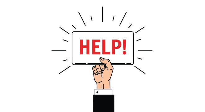 Large human hand raising a white rectangular sign with the word HELP in bold red text against a white background with stylized light rays.