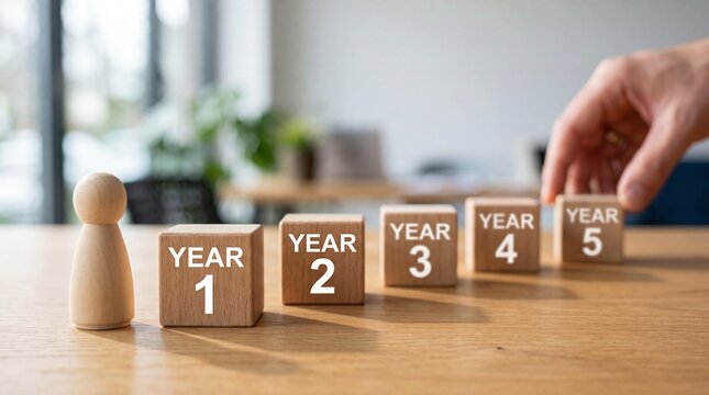 A hand placing a wooden block representing year five in a row of blocks marking time progression on a desk