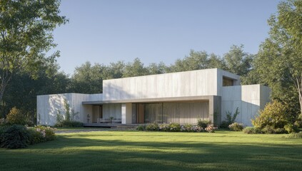 Fototapeta premium Modern concrete home with large windows and lawn set within a lush green forest on a sunny day