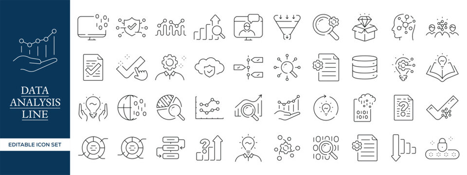 Data Analysis and Analytics Line Icons Set, Big Data Statistics Business Intelligence and Technology Outline Vector Collection Editable Stroke