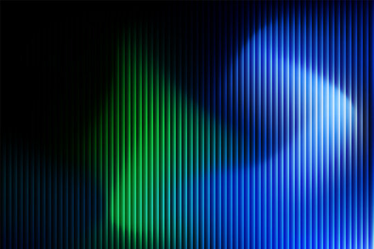Abstract blue and green neon gradient with vertical striped overlay, glowing blurred wave forms creating optical illusion texture, futuristic dark background for modern digital design projects