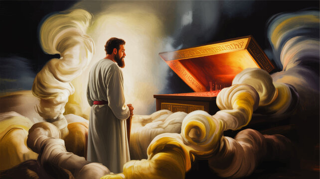 Biblical priest beside glowing Ark of the Covenant with divine light and incense smoke in dramatic sacred temple painting