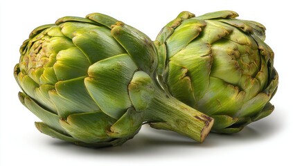 Fototapeta premium Two green artichokes, tightly furled, with distinct stems and leafy outer layers