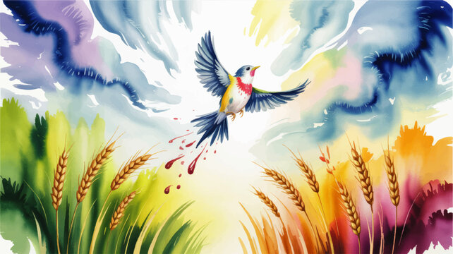 Watercolor illustration of wounded songbird flying above wheat field with dramatic sky, nature concept, colorful expressive art