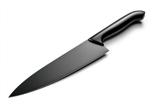Sleek, modern black chef's knife with smooth handle, sharp blade