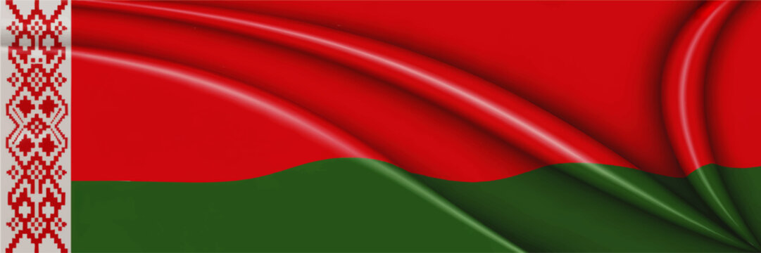 Waving Belarus national flag background with red green colors and traditional ornament, patriotic fabric texture banner