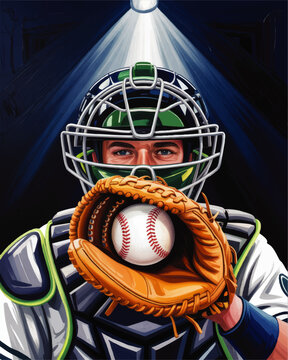 Focused baseball catcher in protective gear holding glove and ball under stadium spotlight, dramatic sports illustration
