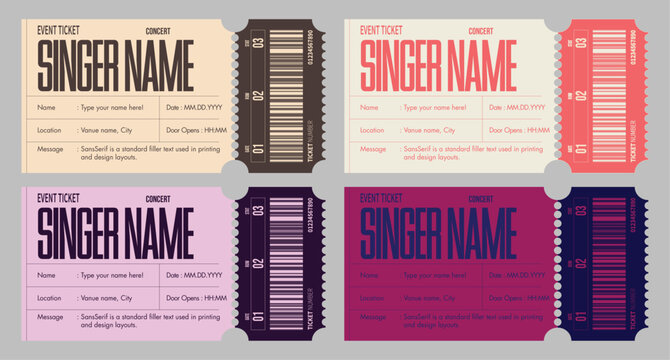 Editable Concert Event Ticket Template, Modern Party Pass Design with Singer Name, Attendee Details, Date, Time, Location, Venue Information, Different Color Themes, Placeholder and Barcode Designs