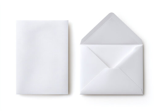 Two white paper envelopes, one closed and one open, on a white background
