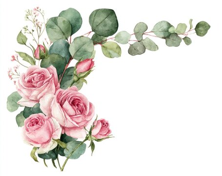 Delicate pink roses and eucalyptus leaves arranged in a corner