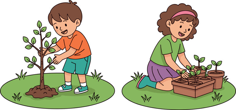 Cartoon illustration of boy planting tree sapling and girl gardening with potted plants in wooden box isolated on white background for eco concepts