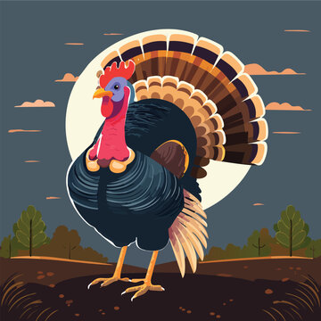 Vibrant turkey illustration against moonlit sky in cartoon style