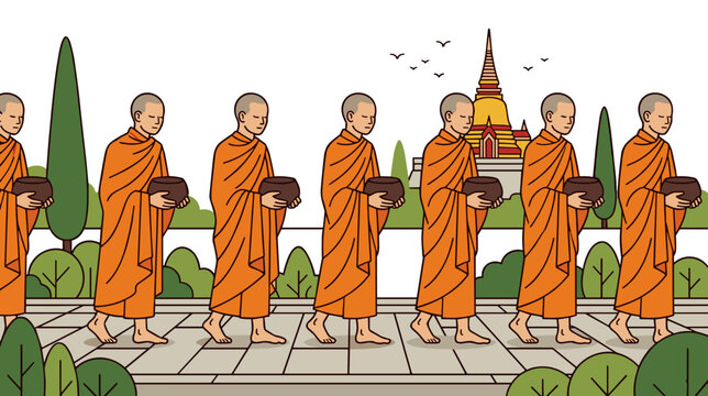 Line of buddhist monks walking with bowls in procession near temple calm spiritual tradition concept