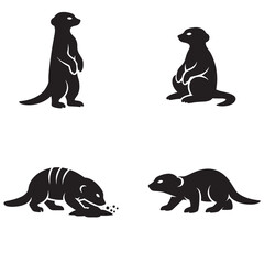 Four meerkat silhouette icons showing upright sitting sniffing and walking poses in simple black design © Abdul Waheed