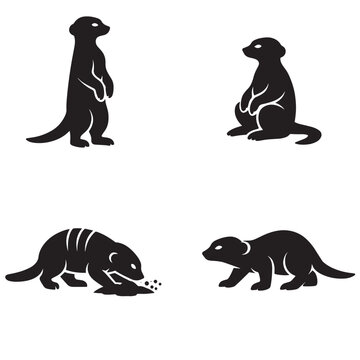 Four meerkat silhouette icons showing upright sitting sniffing and walking poses in simple black design