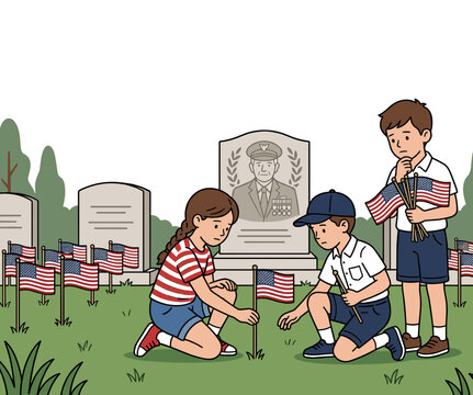 Children placing american flags at graves in cemetery honoring memorial day remembrance concept
