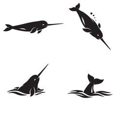 Four narwhal silhouette icons showing swimming diving emerging and tail diving poses in simple black design © Abdul Waheed