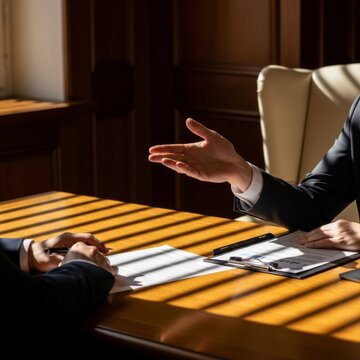 Two Businessmen In Dark Suits Discussing Documents On A Wooden Desk