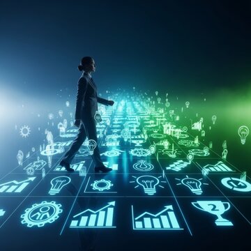 Businesswoman walking on a glowing digital path with technology icons