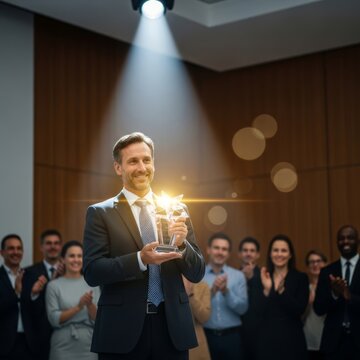 Happy man in dark suit accepting a glowing award with an audience