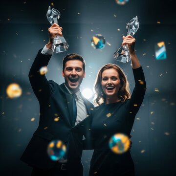 Happy Business Colleagues Celebrating Success with Trophies and