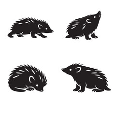 Four hedgehog silhouette icons showing walking sitting sniffing and upright poses in simple black design © Abdul Waheed