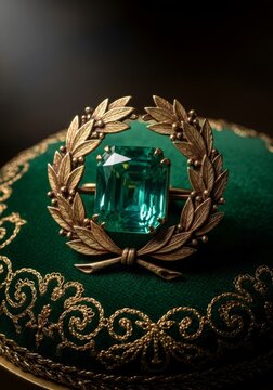 Stunning Emerald Gemstone Brooch on a Luxurious Green Velvet Cushion