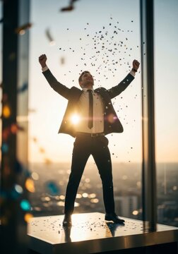 Happy Businessman Celebrating Success with Confetti Falling on a