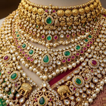 Exquisite Indian Bridal Gold Necklace with Emeralds and Rubies.