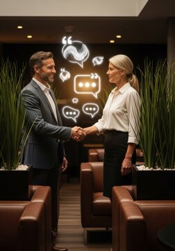 Business people handshake with chat bubble symbols in a modern office