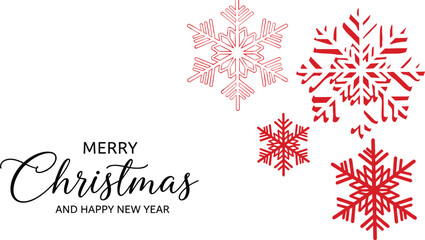 Elegant Christmas and Happy New Year greeting card background featuring red snowflake silhouettes and stylish typography on a clean white minimal backdrop. © Mehedi