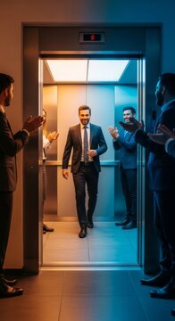 Happy Businessman Exits Elevator to Applause from Colleagues in