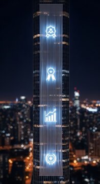 Corporate Office Building With Glowing Digital Icons At Night City