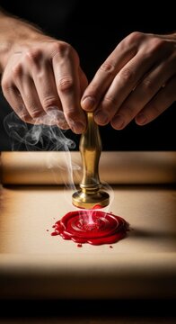 Hands pressing a golden wax seal into molten red wax on parchment
