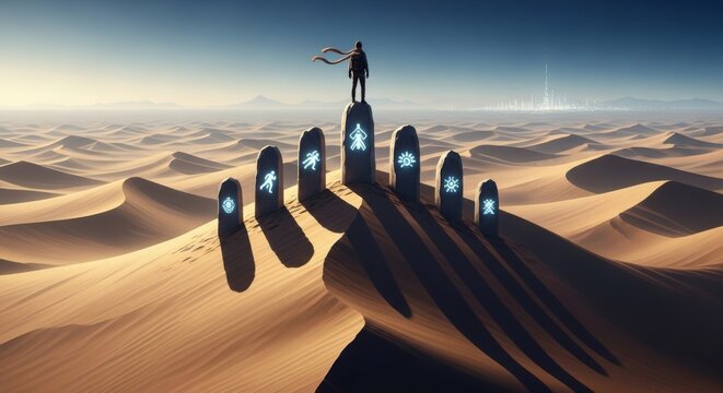 Pixelated Desert Landscape with Mysterious Glowing Runes and Distant